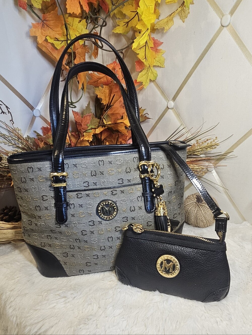 Metrocity Bundle, Gray/Black Logo-Pattern Tote with Black Wristlet and Bag Charm